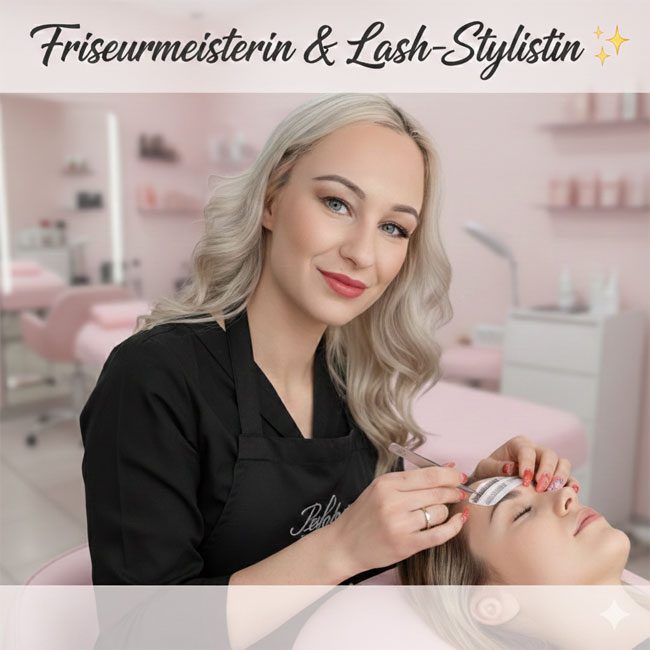 Friseurmeisterin und Lash Stylistin bei der Arbeit am Kunden at Home Friseurin & Lash-Stylistin lächelt, während sie einer Kundin Wimpern verlängert.
