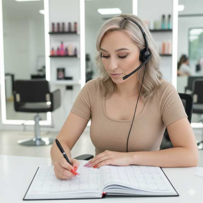 Terminabsprache telefnisch, per Email oder Whatsapp für mobilen Friseur Service in Koblenz und Umgebung Friseurmeisterin Tina mit Headset, die Notizen in einen Terminkalender macht, Friseursalon im Hintergrund.